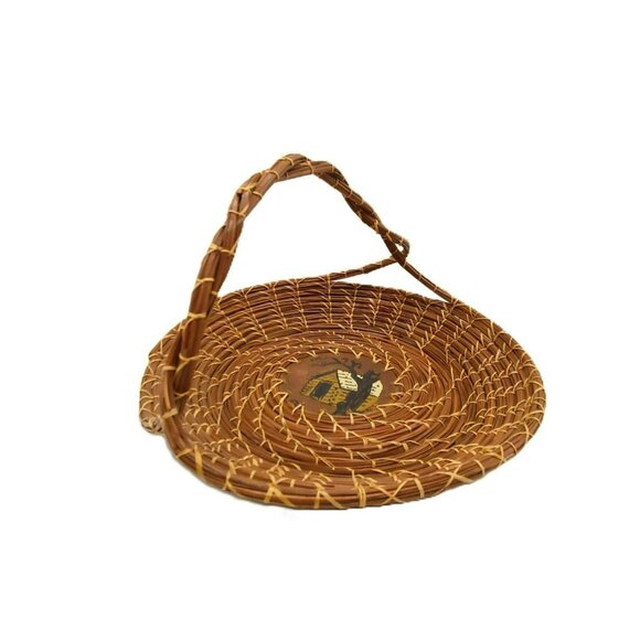 VTG Handcrafted Coiled Pine Needle Basket With Twisted Handles & Hand Painted - Picture 7 of 13